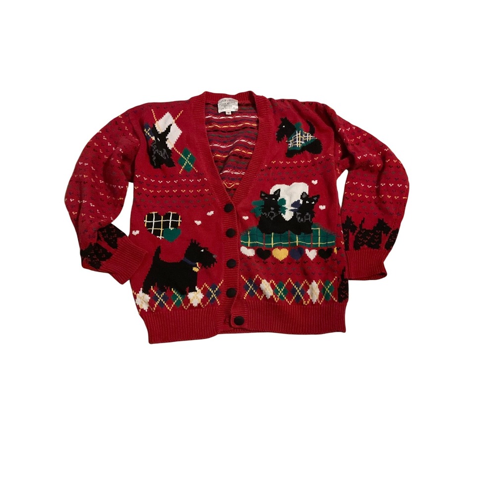 Susan Bristol Red Scottish Terrier Dog Fair Isle Knit Cardigan Sweater Womens S